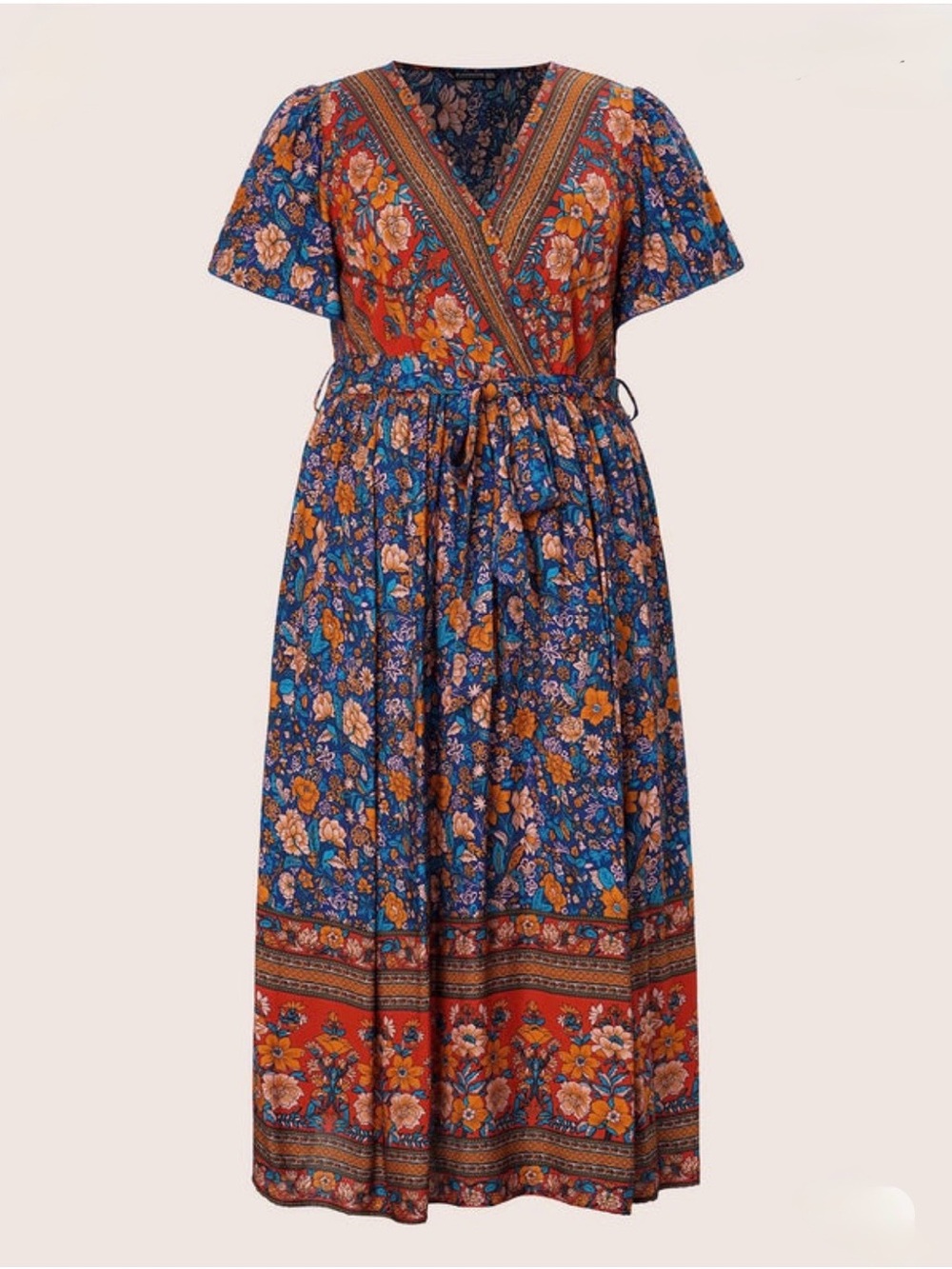 Bandana Surplice Neck Pocket Belted Flutter Hem Maxi Dress